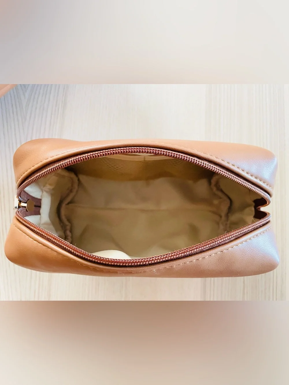 Tan faux leather matching cosmetic bag/ case set, gold “C” emblem, excellent